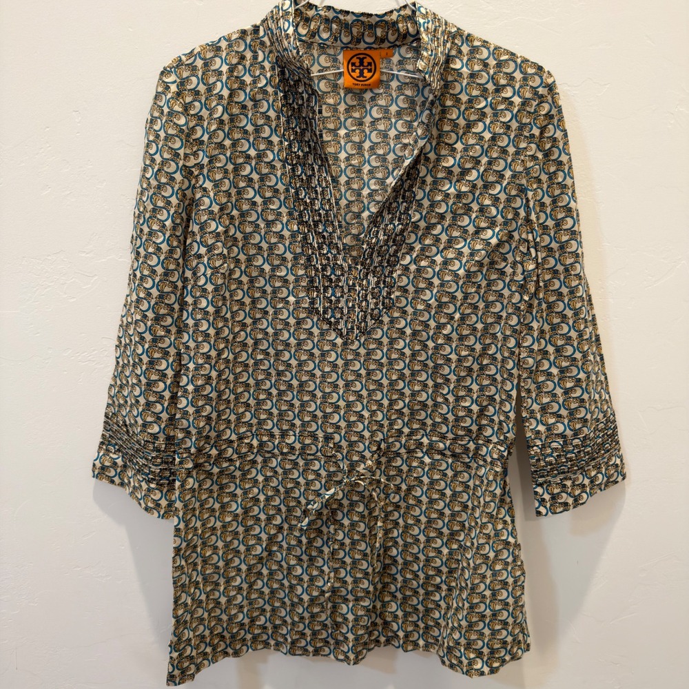 Tory Burch Elephant Print Cotton Tunic Top Blue Tan Drawstring Waist Size 2